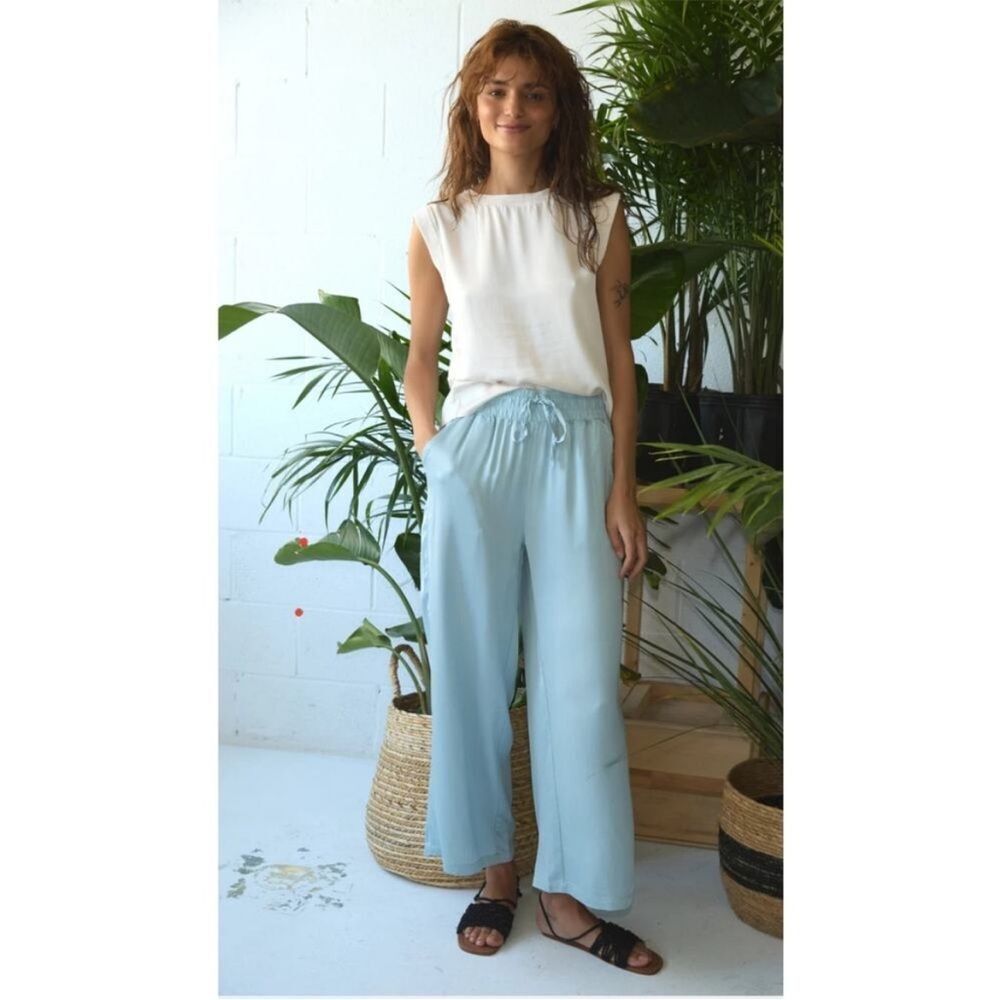 MELISSA NEPTON Light Blue Satin Wide Leg Pants Size Medium